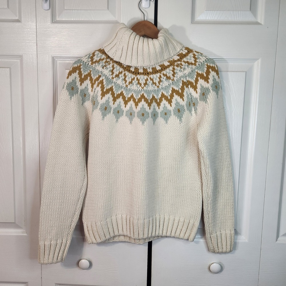 Rachel Zoe Womens Fair Isle Turtleneck Sweater Ivory Gold Sage Blue Small Nordic - Picture 2 of 10